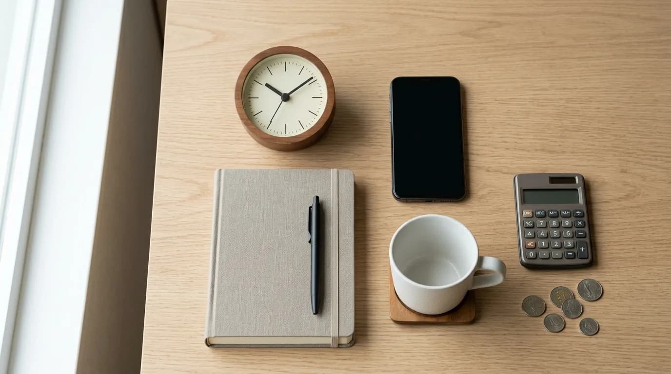 A desk clock, phone, notebook, calculator and coffee on a light wood desk, weighing the cost and timing of a $500 payday loan online