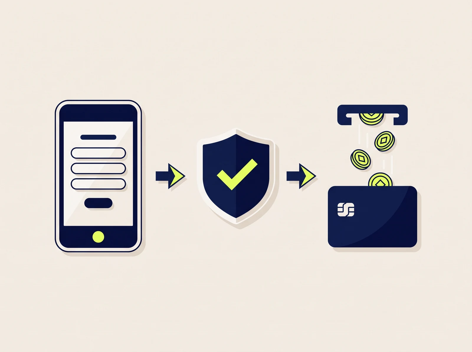 Illustration of the emergency loan process: an online application on a phone, an approval shield, then funds deposited to a bank card
