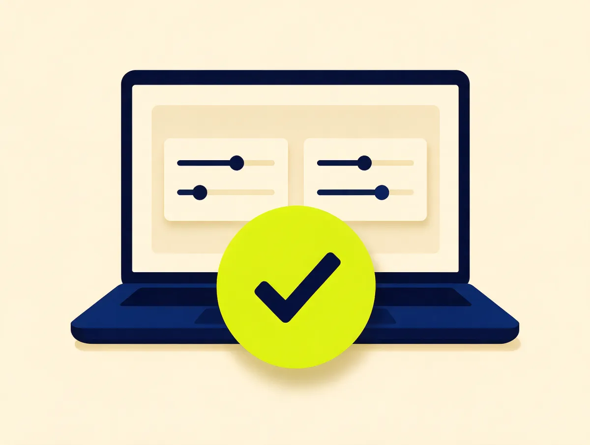 Laptop showing loan request cards with one marked by a lime checkmark badge, representing a bad credit loan request through Covero