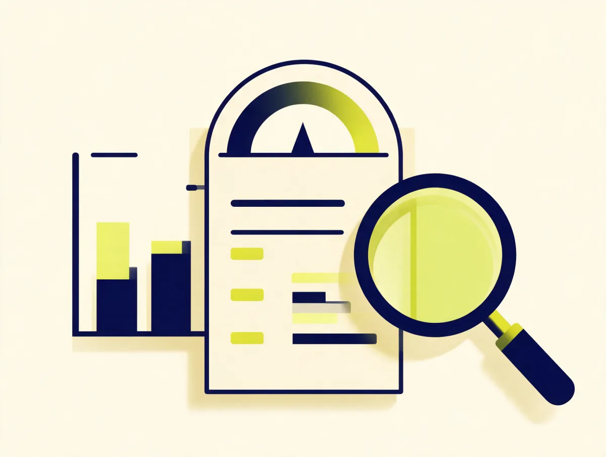 Credit report with a mid-range score gauge and a magnifying glass over income bars, showing how lenders assess bad credit loan requests