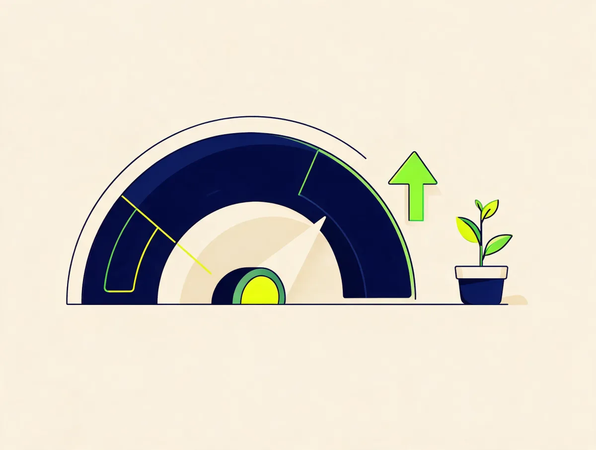 Credit score gauge with the needle rising beside a growing plant and an upward arrow, showing how to improve your credit score over time