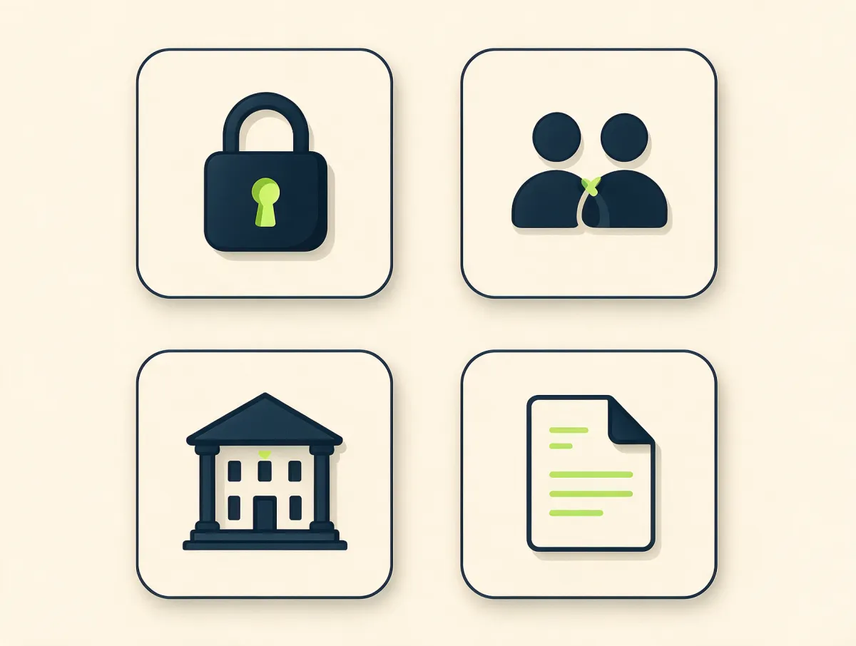 Four tiles showing a padlock, two linked figures, a bank building and a document, representing the different types of loans for bad credit