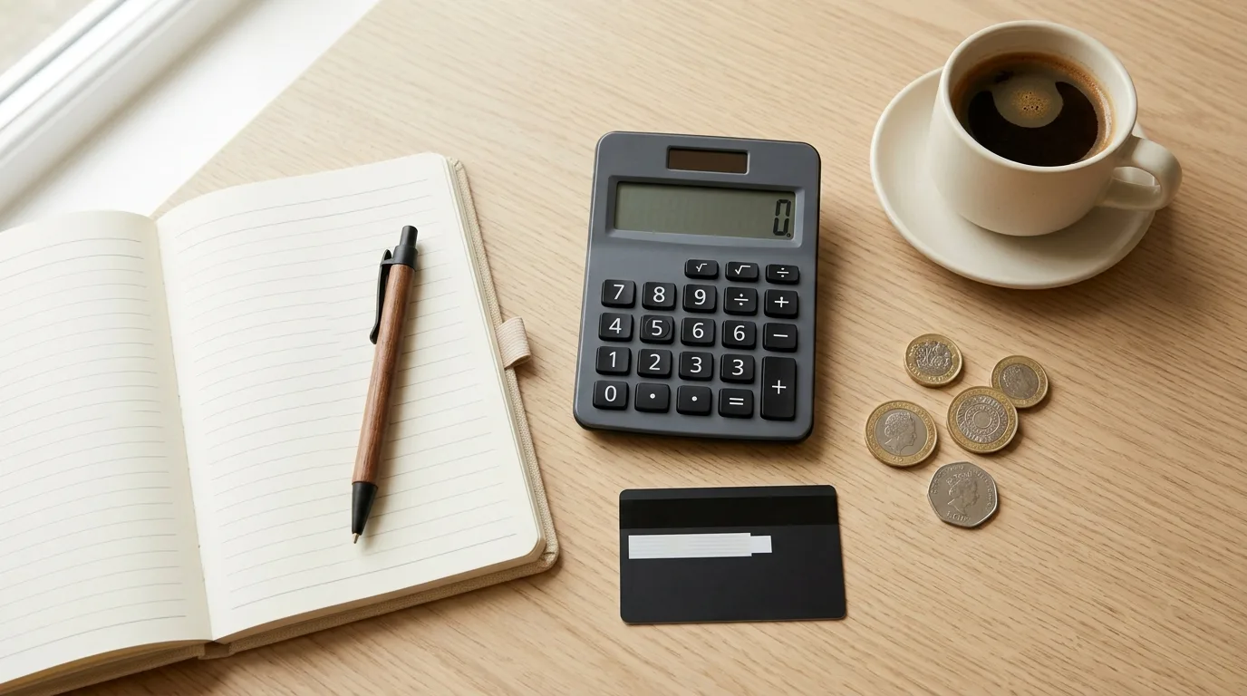 A calculator, open notebook, payment card and coins on a light wood desk, working out what a $500 payday loan really costs in fees