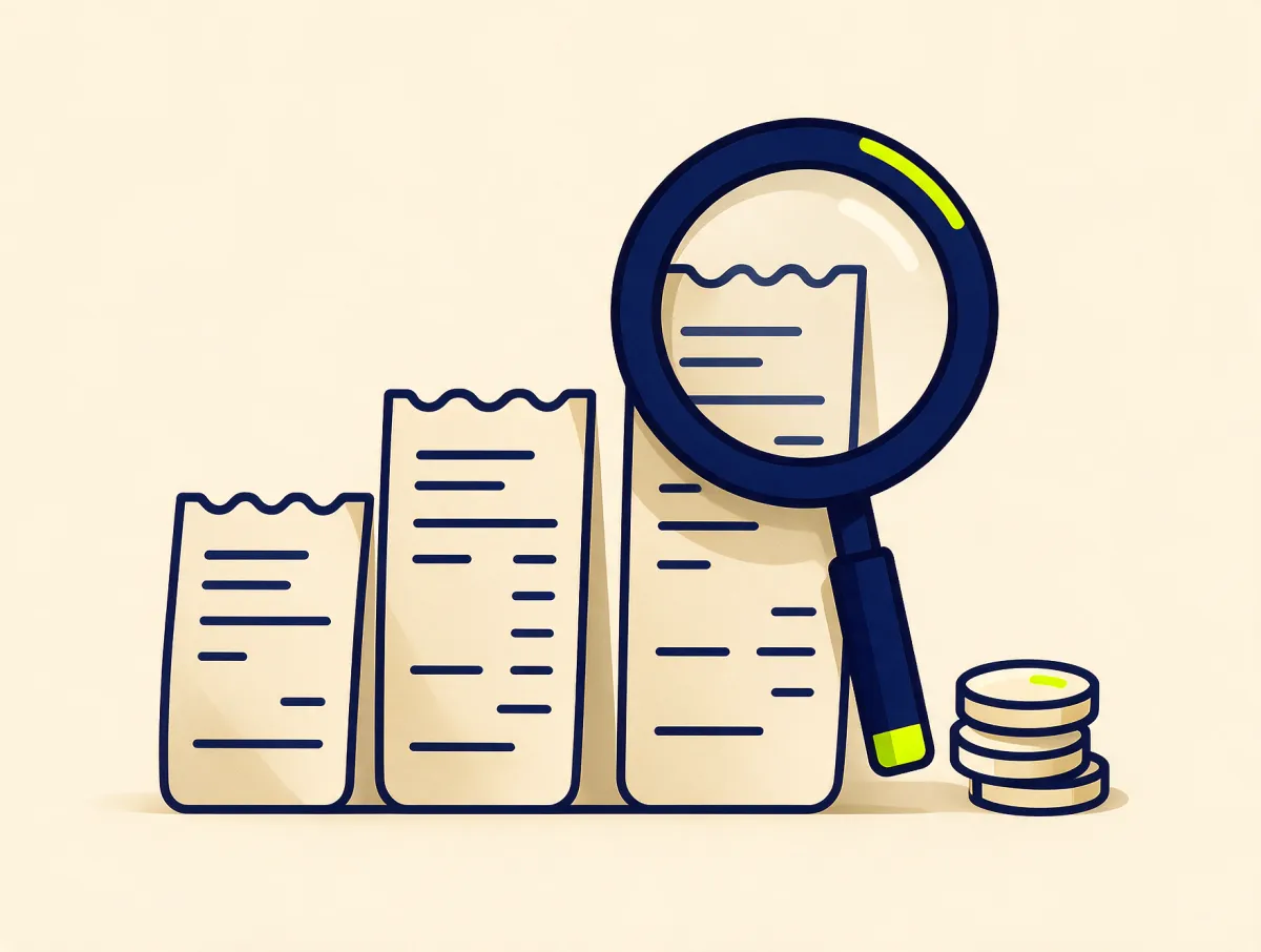 Magnifying glass over three receipts of different lengths next to stacked coins, comparing what each type of cash advance costs