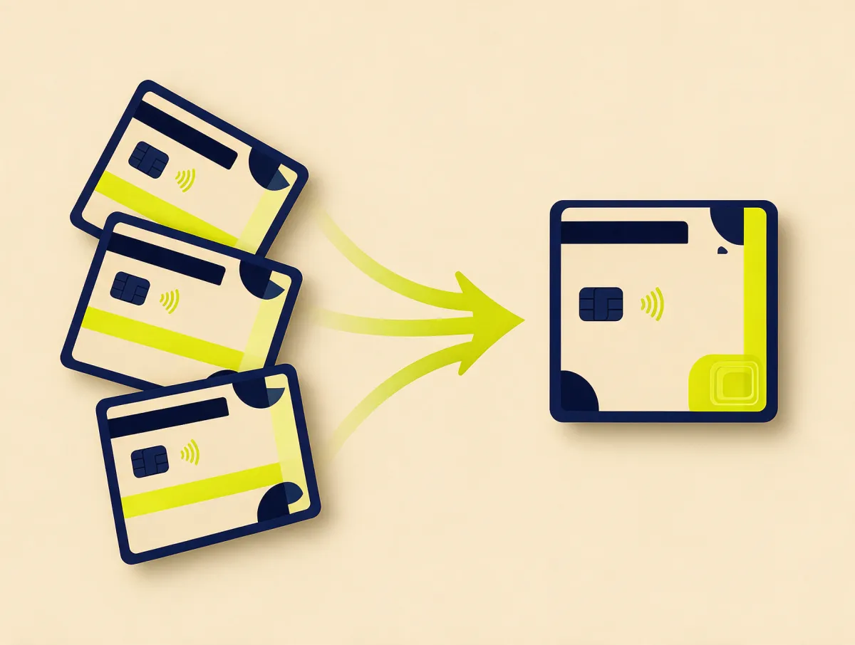 Three credit cards with arrows merging into a single card, showing how credit card consolidation combines balances into one payment