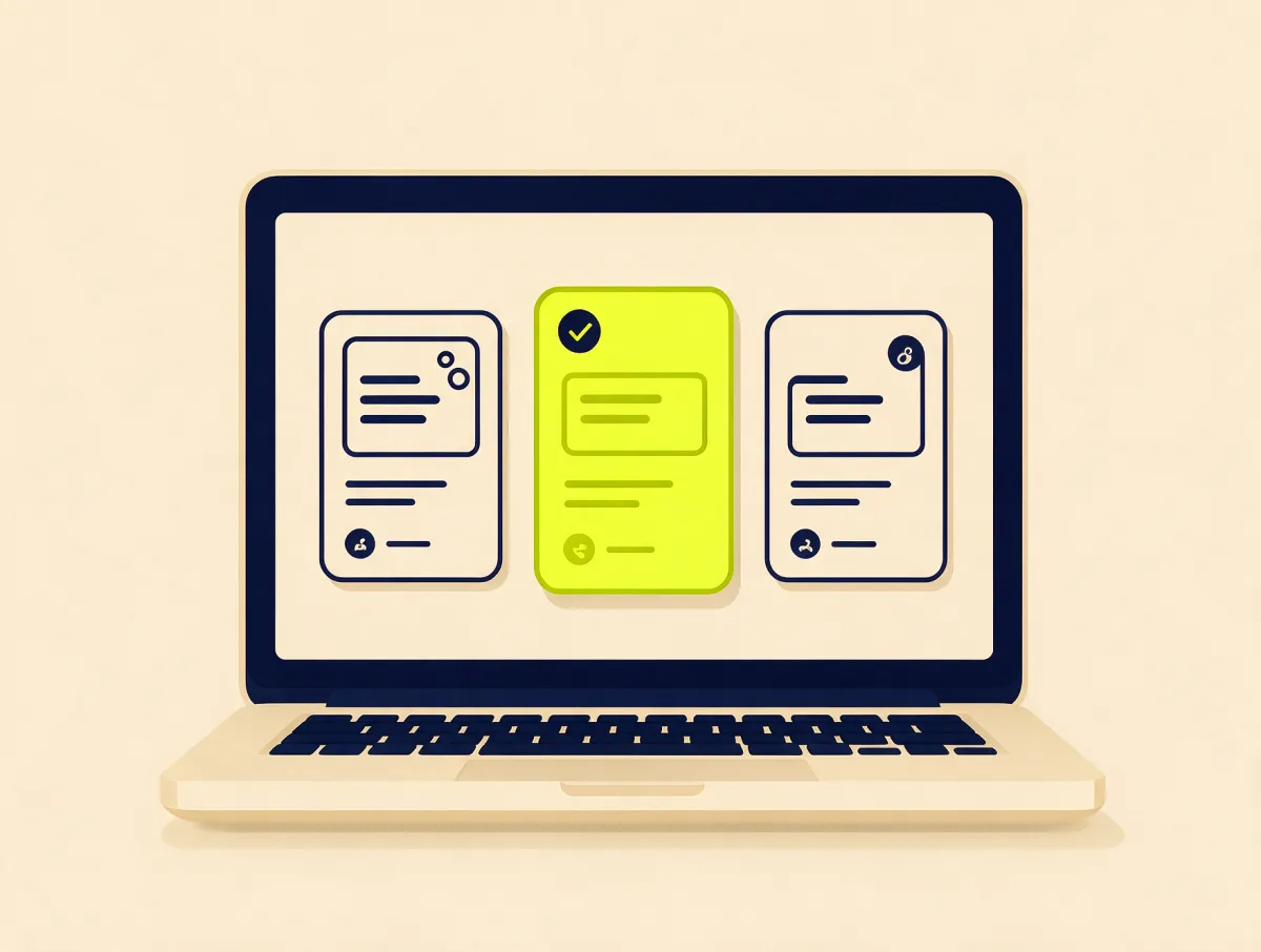 Laptop showing loan cards with one checked, representing a debt consolidation loan request through Covero