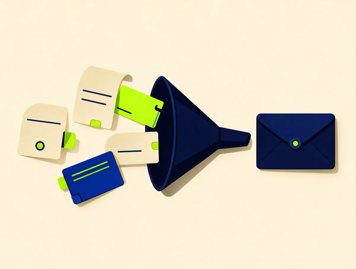 Several bills and credit cards flowing through a funnel into one envelope, showing how debt consolidation combines debts into one payment