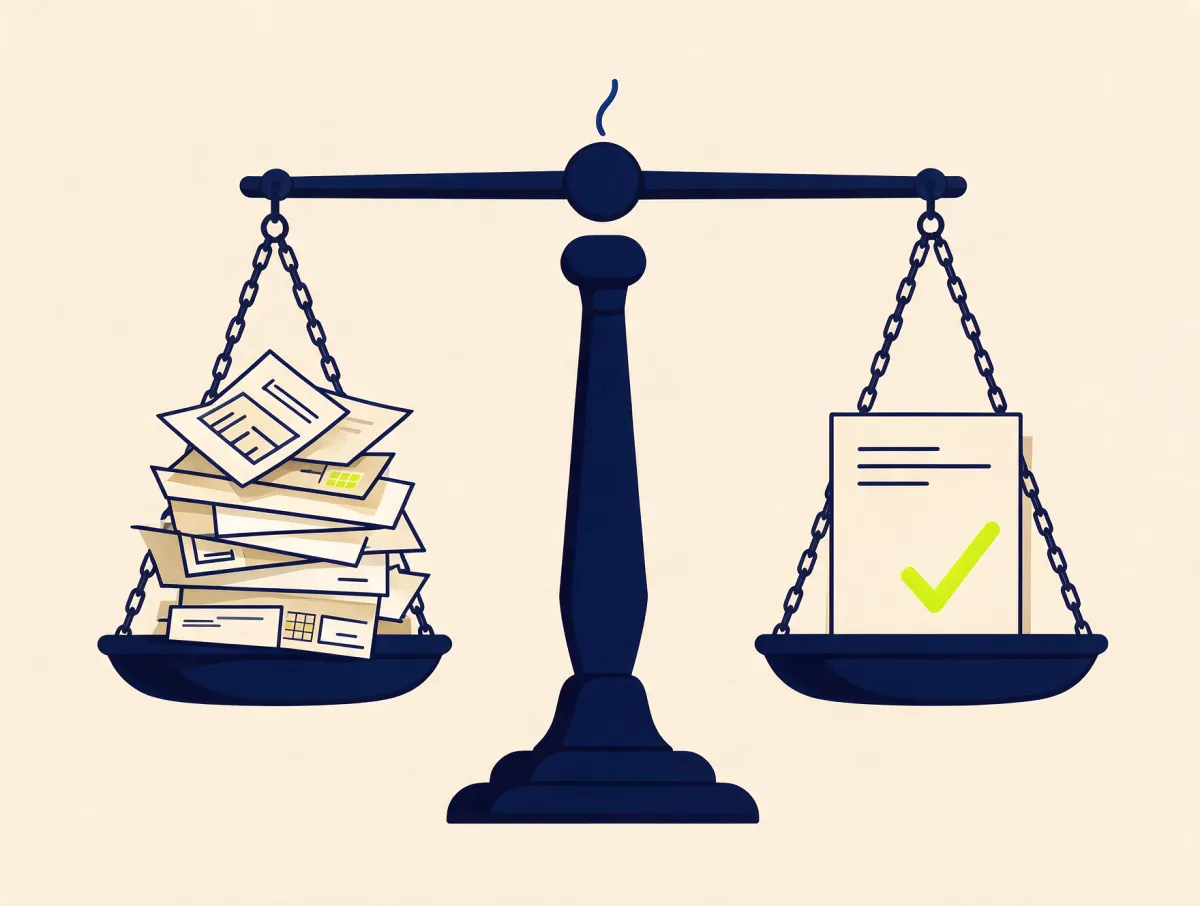 Balance scale weighing a messy pile of bills against one checked document, representing whether debt consolidation is a good idea