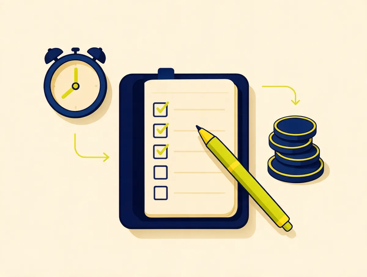 Planner notebook with a checklist, an alarm clock and a stack of coins, representing a plan to repay an emergency loan on time