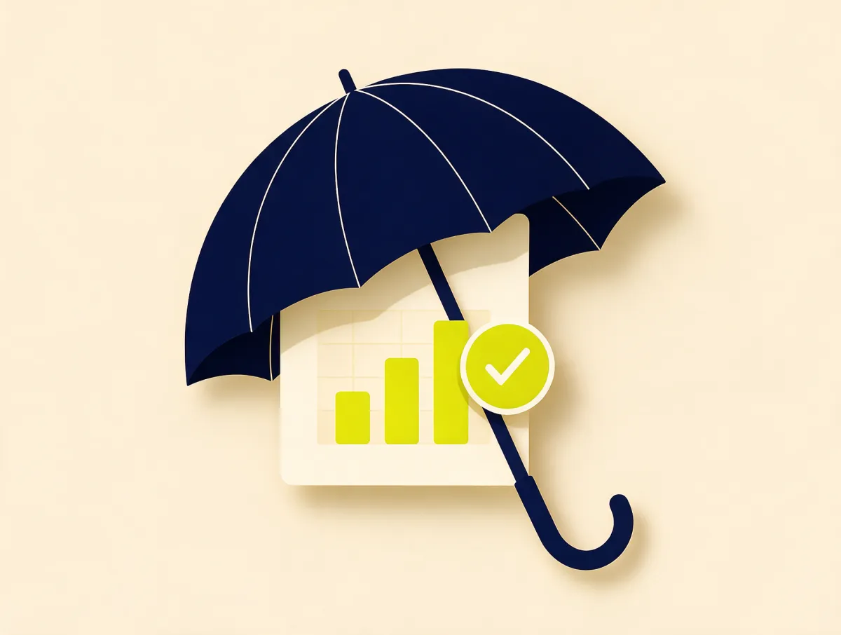 Umbrella sheltering a document with a short bar chart and a checkmark, showing emergency loan options remain open with bad credit