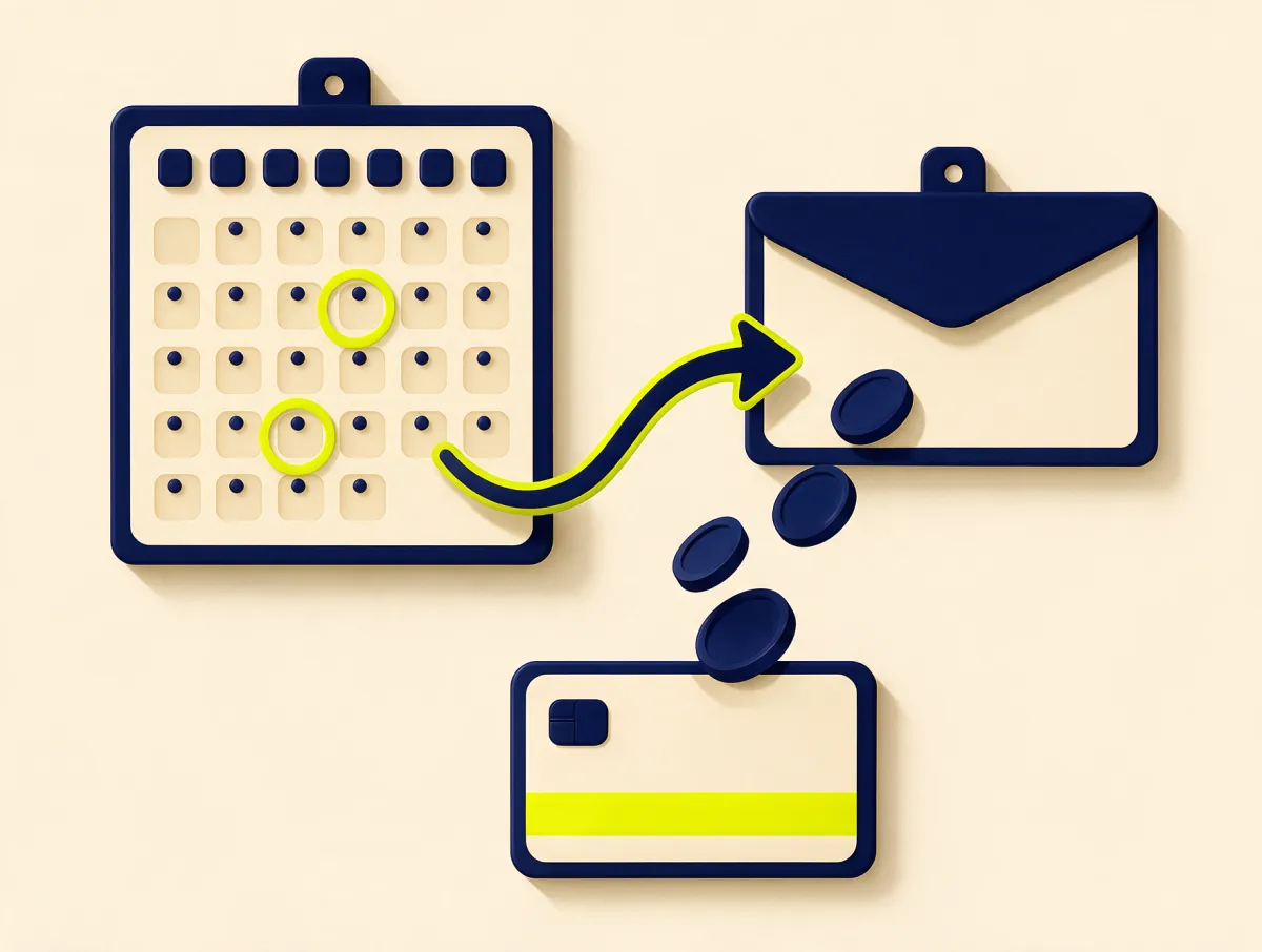 Calendar with borrowing and payday dates circled, an arrow to a paycheck envelope and coins returning to a bank card, showing how a payday loan is repaid