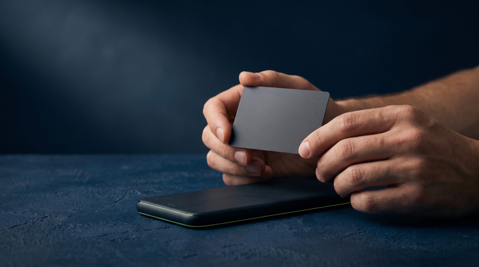 A credit card held above a phone, the kind of convenience that can quietly become long-term debt.