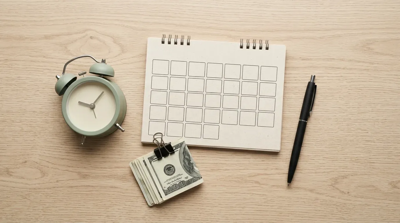 A desk calendar, alarm clock and a clipped stack of cash on a desk, the timing gap between bills and payday that payday apps are built around.