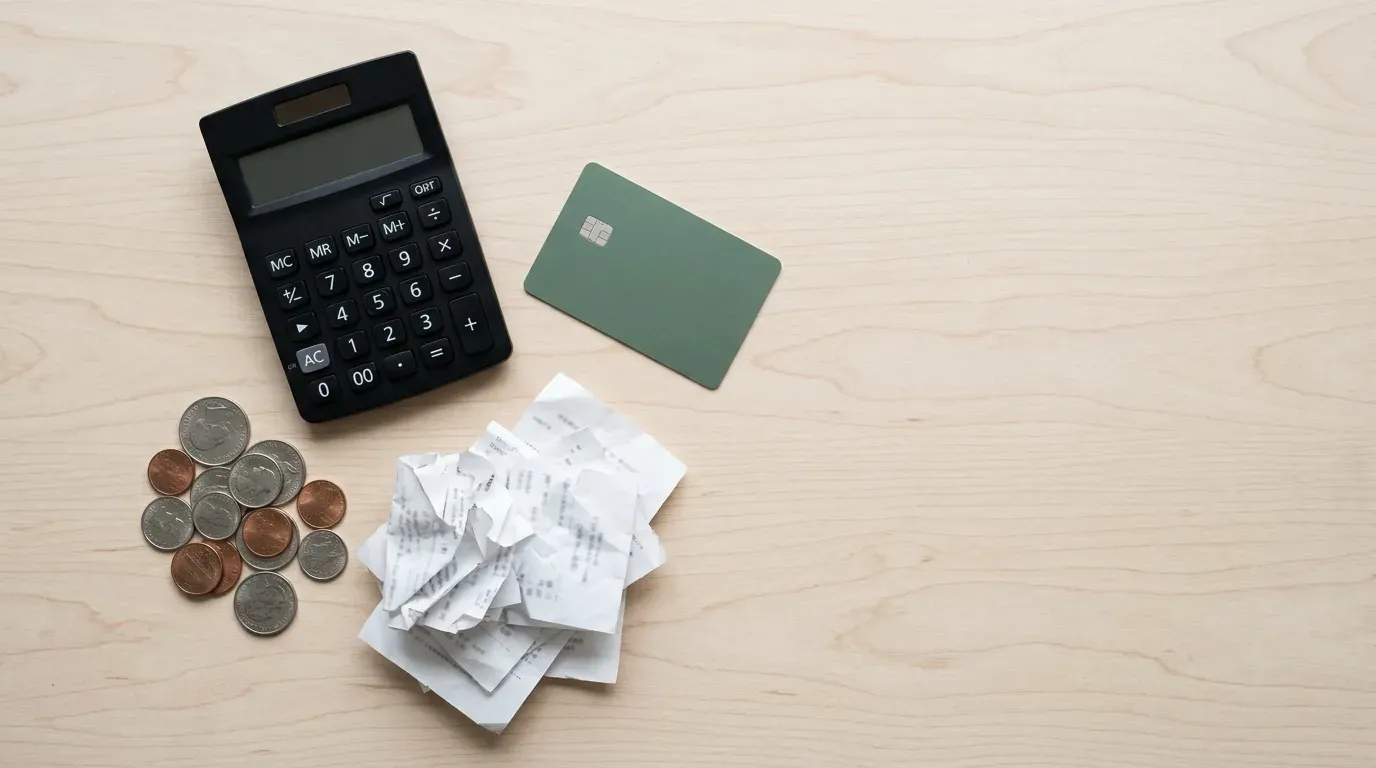 A calculator, coins, receipts and a payment card on a desk, adding up what a payday advance app really costs.