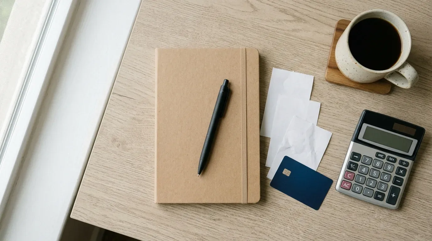 A calculator, receipts, payment card and coffee cup on a neutral desk, adding up what each payday loan alternative really costs.