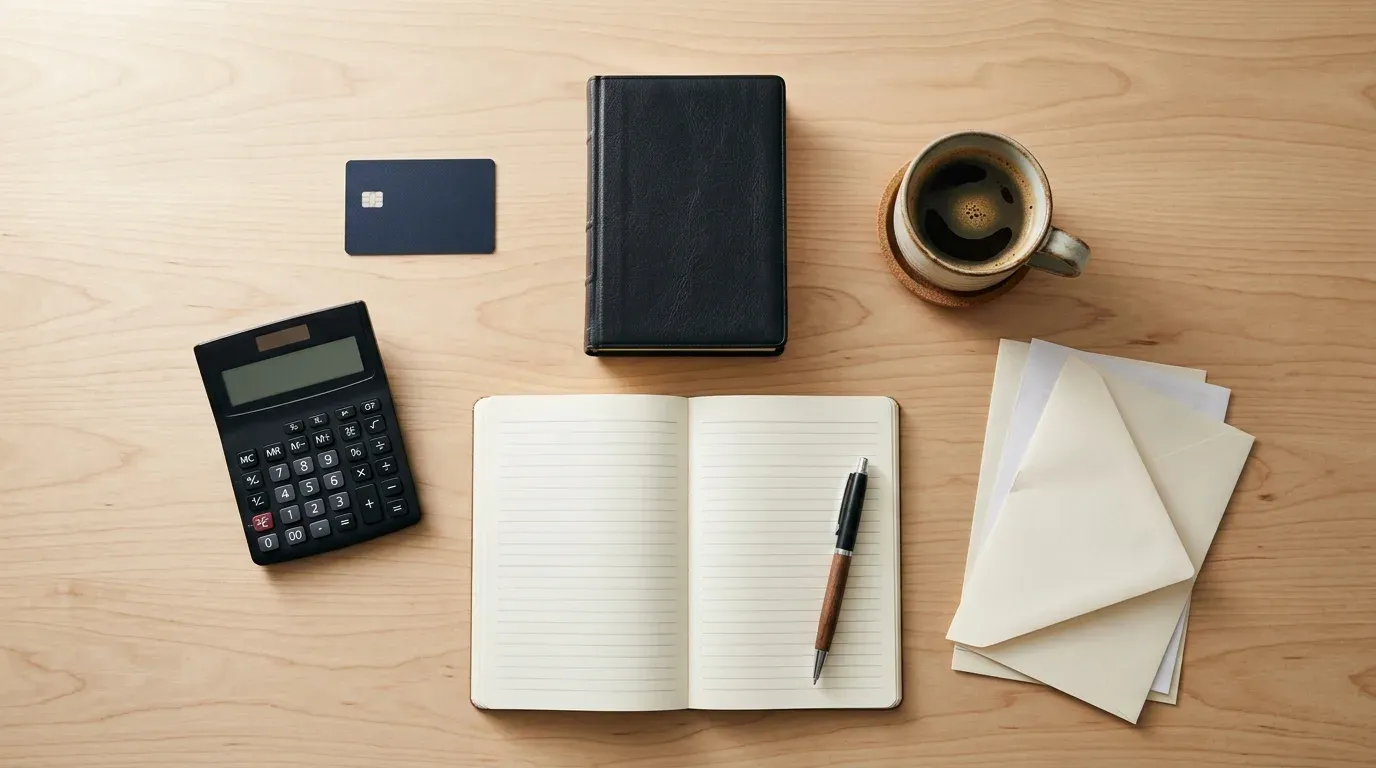 A calculator, notebook, folded documents and a law book on a desk, adding up what payday loan laws allow lenders to charge in each state.
