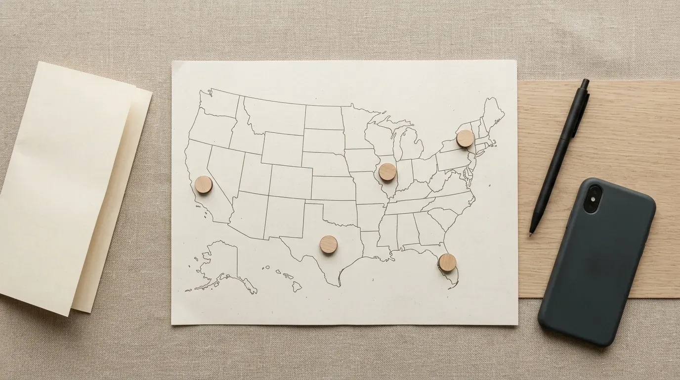 A paper outline map of the United States with wooden markers on different regions, showing how payday loan laws vary from state to state.