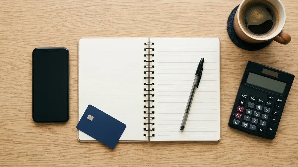 A notebook, pen, calculator and phone arranged on a desk, working through the steps to verify a lender is licensed before signing a loan.
