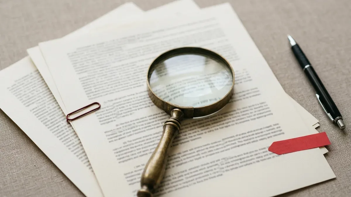 A magnifying glass resting on a stack of loan contract pages with a red paperclip marking one page, examining the fine print for predatory lending terms.