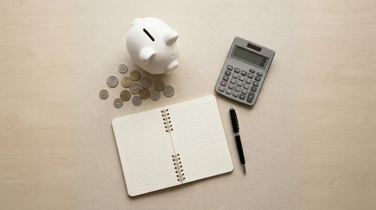 A piggy bank, calculator and notebook on a neutral desk, weighing credit union rates on loans and CDs against a bank.